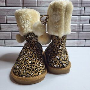 New US Sport Shoe Girls Size 2‎ Moccasin Style Boot Leopard Print Faux Fur Comfy